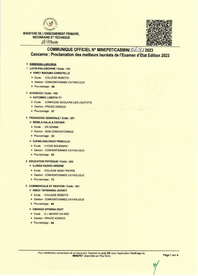 Exétat - 2023: Enfin, les résultats de Kinshasa Lukunga disponibles