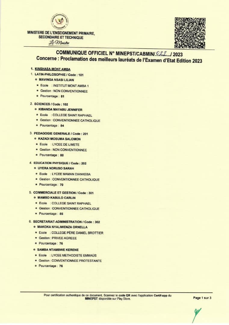 Exétat 2023: le ministère de 'Epst dévoile les meilleurs lauréats de la province éducationnelle de Kinshasa Mont-Amba