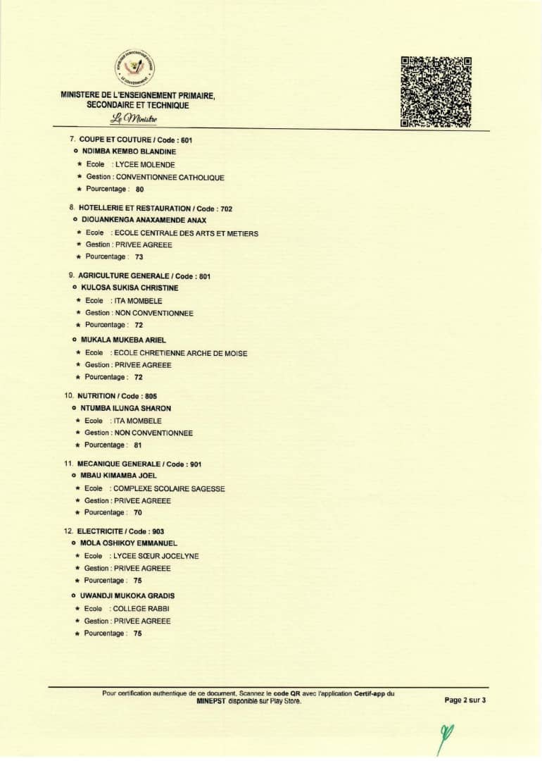 Exétat 2023: le ministère de 'Epst dévoile les meilleurs lauréats de la province éducationnelle de Kinshasa Mont-Amba