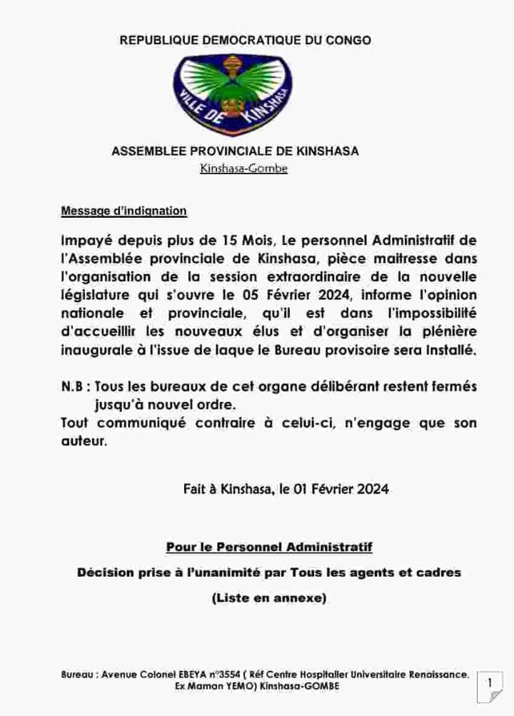 Assemblée provinciale de Kinshasa: impayé depuis 15 mois, le personnel administratif boycotte la plénière inaugurale du 05 février